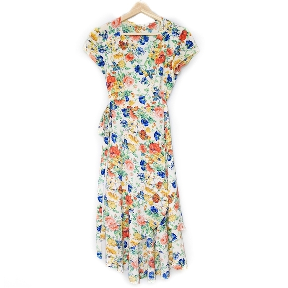 WAYF Olelander Floral High Low Wrap Midi Dress Surplice Cap Sleeve Flowy Size XS - Picture 3 of 15